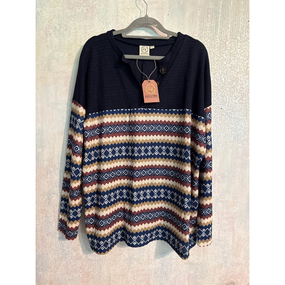 Grace & Emma Navy Waffle Knit Henley Southwestern Print Top XL NWT